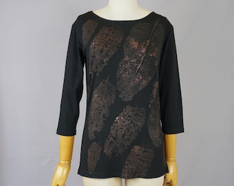 OOAK-Shirt, Größe S, Natur-Print, schwarz-braunes Blättermuster, Upcycle, botanisch, Blätter-Shirt, Ökoprint, Einzelstück, Hippie-Boho