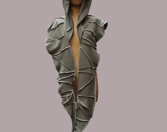 Grüner dystopischer Kapuzenschal, übergroße Kapuze, A-symmetrischer Schal, Bio-Baumwolle, Patchwork, große Kapuze