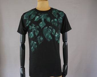 Wild leaves shirt, size M, Nature print men's shirt, unisex, botanical, hand printed,  OOAK t-shirt, green, organic cotton, black tee