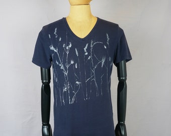 Marine Druck Top, Größe L, 1, Unisex, Slim Fit T-Shirt, Upcycle Herrenhemd, botanisches Hemd, Öko-Druck, Einzelstück, Hippie, unisex