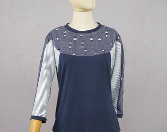 Top Monica, blau und weiss, Patchwork, mit kleinen Löchern, Vögelchen und Streifen