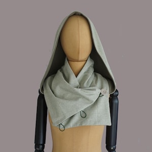 Green hooded cowl, Victorian XL hood, with black buttons, hood with scarf, eco friendly, fairytale, pixie, organic cotton, larp