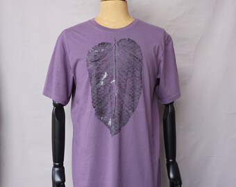 Purple big leave shirt,  print top, unisex, slim fit t-shirt, upcycle men's shirt, botanical shirt, eco printed,, hippie, boho, handprint