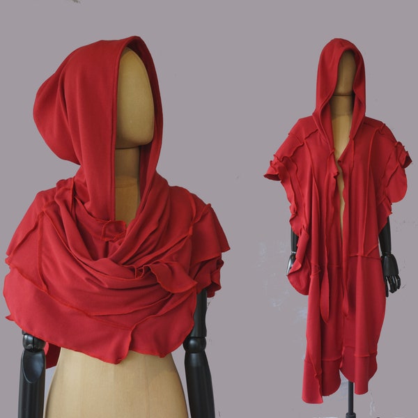Red oversized festival hood, hooded scarf, XL victorian shawl cape, OOAK, cosplay, organic cotton, large hood, hoodie, patchwork, wanderer