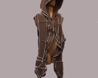 Brauner Bio Baumwolle Kapuzenschal, Oversized dystopischer Schal, Upcycled Sweater Fabric