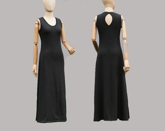 Zwarte maxi-jurk, opengewerkte achterkant, biologisch katoenen jersey, biologische dameskleding, casual Long, slow fashion, handgemaakt, boho