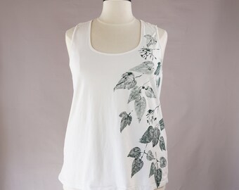 Upcycled Spitze Sommer Top, grösse XXL, Naturdruck Tanktop, Singlet, Blättershirt, Bedruckt, Einzelstück, Hippie Boho