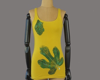 Handgedrucktes Feigenblatt Tank Top: Upcycling Boho Shirt (Größe S)