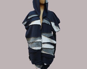 Oversized hooded scarf,  Unisex, OOAK, distressed unique, organic cotton, large hood, hoodie, patchwork, wanderer
