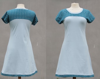 Blaues Bio Yoga Kleid, Minikleid, Bio Tunika Kleid, kurzarm, Slim Fit, Bio Baumwolle, Flügelärmel, T-Shirt, Yoga, Nachthemd