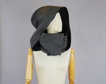 Hooded cowl,  Victorian XXL hood, Black/ grey cotton, hoodie, hooded scarf, eco friendly, fairytale,  larp, hat with scarf attached