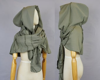 Grüner Oversized Kapuzenschal, 2, XXL Kapuzenschal, OOAK, Distressed, Hut mit Schal, Bio Baumwolle, große Kapuze, Patchwork, Wanderer