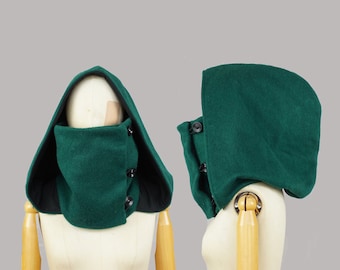 Forest green hooded cowl, Victorian XXL hood, oversized  scoodie, black hooded scarf, wool, organic cotton, woodland, fairy, hippie