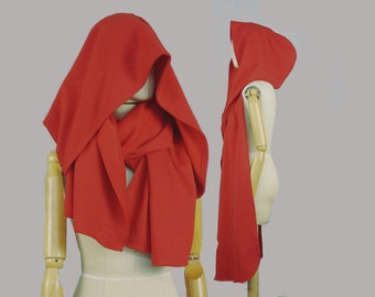Red Nomad hooded scarf, oversized XL shawl, organic cotton, festival clothing, large hood, sweater hoodie, wanderer, post apocalyptic