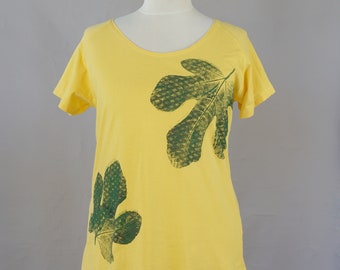 Upcycled Feigenblatt Print Shirt: Gelbes Botanisches Top, L/XL