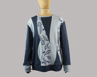 Blue organic men's sweater, Size L, color block, OOAK, ants, geometric sweater, asymmetric sweatshirt, men's clothing, unisex patchwork