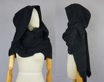 Black oversized distressed hooded scarf, XXL - XXL victorian shawl, ooak, organic cotton, large hood, jersey hoodie, XL patchwork, wanderer