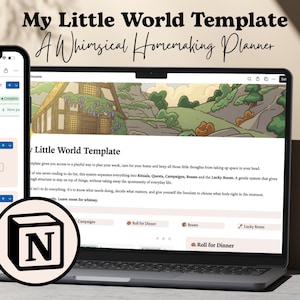 Pode incluir: Um modelo de planejador digital exibido em um smartphone e na tela de um laptop. A interface apresenta o texto My Little World Template, A Whimsical Homemaking Planner, e inclui seções rotuladas como Quests, Roll for Dinner e Beasts.