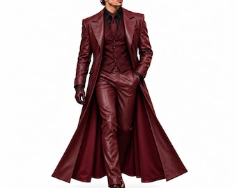 Unisex gotische leren trenchcoat in bordeauxrood, lange jas met vampier- en Halloween-thema in zwart en rood met borduursels.
