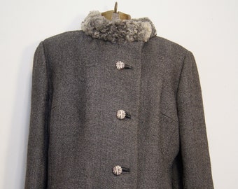 Vintage 1960 Gray Wool Walking Coat~Curly Persian Lamb Collar and Cuffs~Size Large