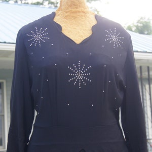 Vintage 1930 Version of the &quot;Little Black Dress&quot;~ Embellished with Silver Studs and Rhinestone Bursts~Fashion~Chic