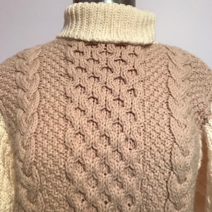 Vintage Hand Knit Pullover Sweater~Turtleneck~Fisherman Knit Style~Taupe and White~Large
