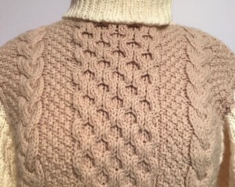 Vintage Hand Knit Pullover Sweater~Turtleneck~Fisherman Knit Style~Taupe and White~Large