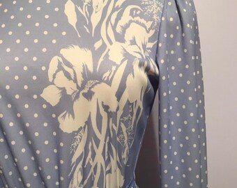 Vintage 1970 Blair Label Baby Blue Polyester Dress~Polka Dots~Iris Flower Design~Casual Chic~Cool Summer Frock~Made in USA