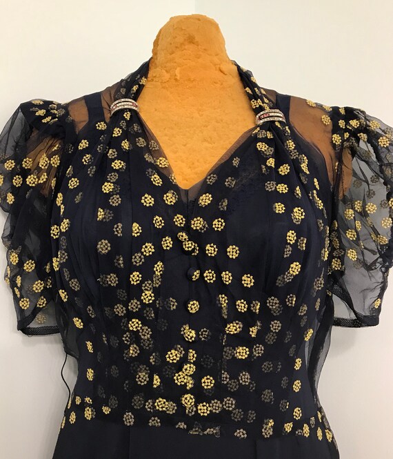 Vintage 1940 Sheer Navy Dress With Yellow Dots~Ev… - image 3