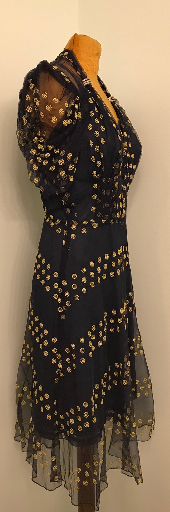 Vintage 1940 Sheer Navy Dress With Yellow Dots~Ev… - image 4