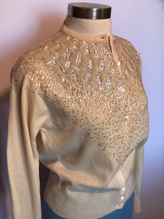 Vintage 1950 Cardigan Sweater~Sequined~100% Lambs… - image 4