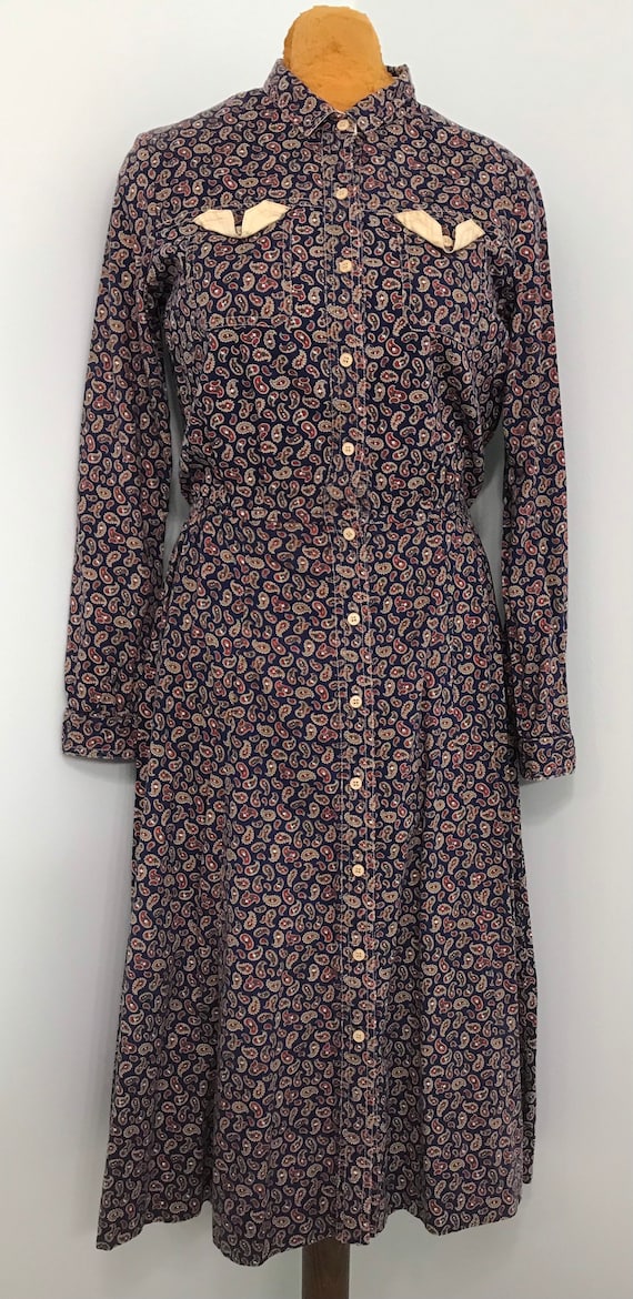 Vintage 1970 Navy Paisley Print Shirtwaist Dress~… - image 1