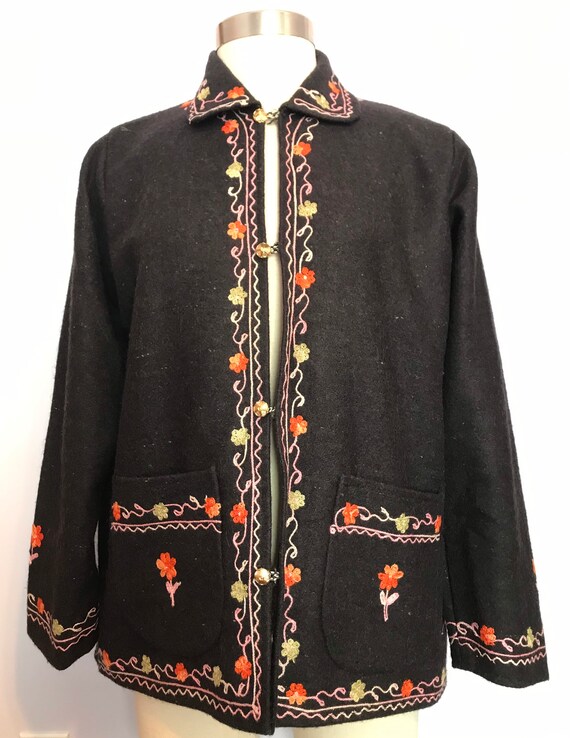 Vintage Black Wool Ethnic Design Jacketcoatfloral Design - Etsy