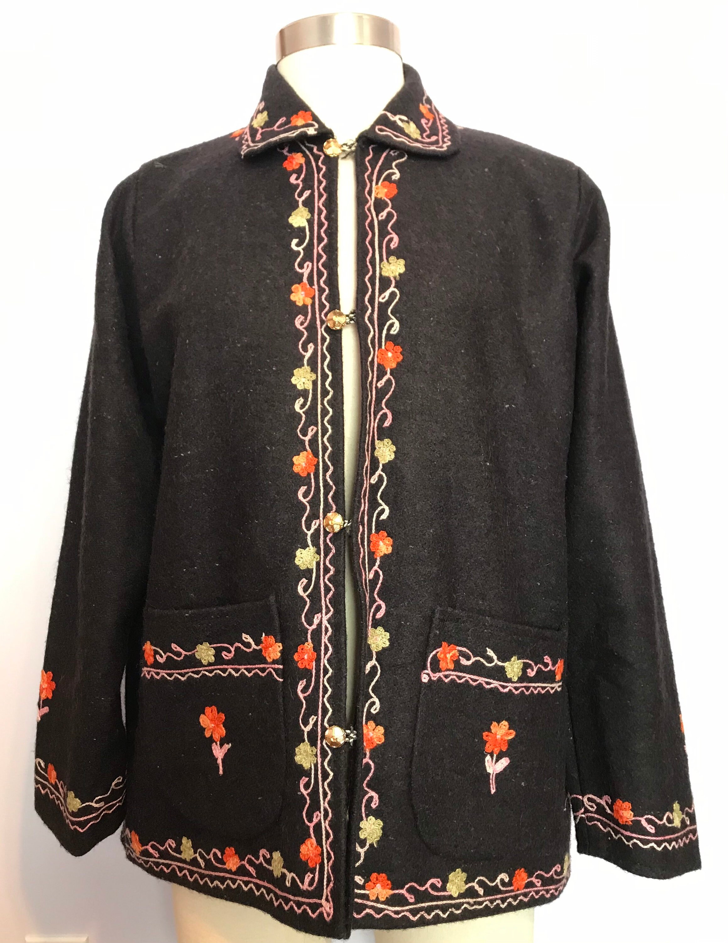 Vintage Black Wool Ethnic Design Jacket~coat~floral Design Vintage Black Wool Ethnic Design Jacket~coat~floral Design