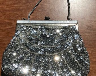 Vintage 1960 Silver Sequins and Glass Beaded Evening Bag~Made in Hong Kong