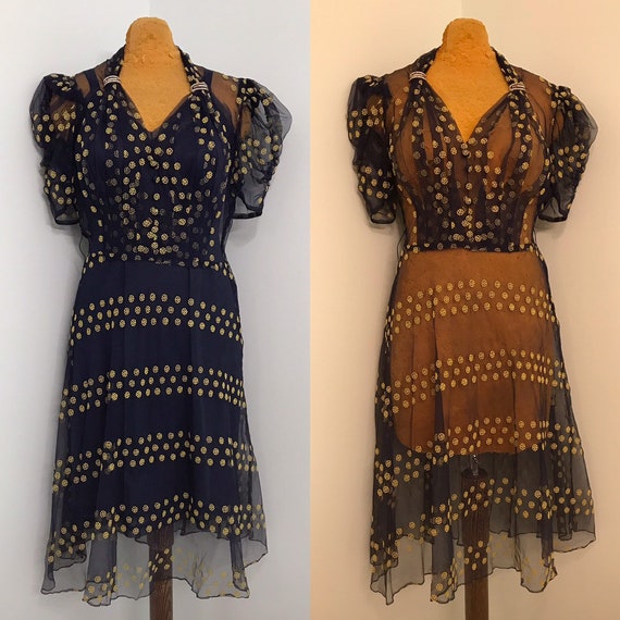 Vintage 1940 Sheer Navy Dress With Yellow Dots~Ev… - image 2