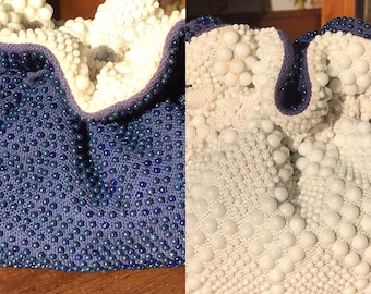 Vintage 1960 Reversible Blue and White Beaded Pouch Purse~Bag~Handbag~Drawstring Closure