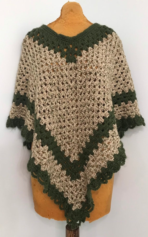 Vintage Hand Crocheted Poncho~Pullover Style~Fores