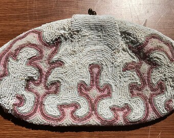 Vintage 1910 Pink and White Beaded Clutch Purse~Toggle Closure