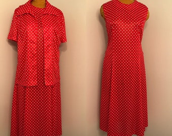 Vintage 1970 Red and White polkadot two-piece dress and jacket~polyester perfect