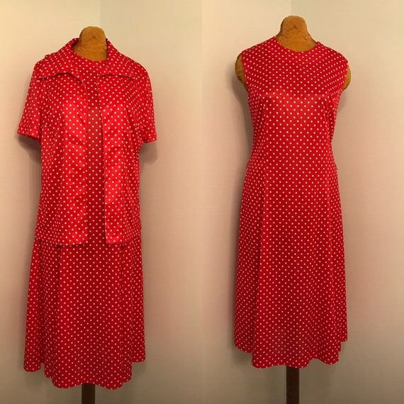 Vintage 1970 Red and White polkadot two-piece dre… - image 1