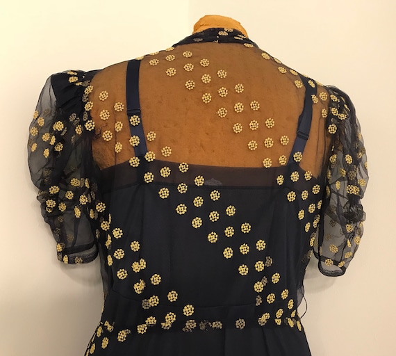 Vintage 1940 Sheer Navy Dress With Yellow Dots~Ev… - image 6