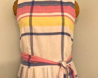 Vintage 70s Pastel Plaid Cotton Summer Dress, Belted Waist