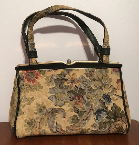 Vintage 1950 Floral Tapestry Purse~Handbag~Two Top