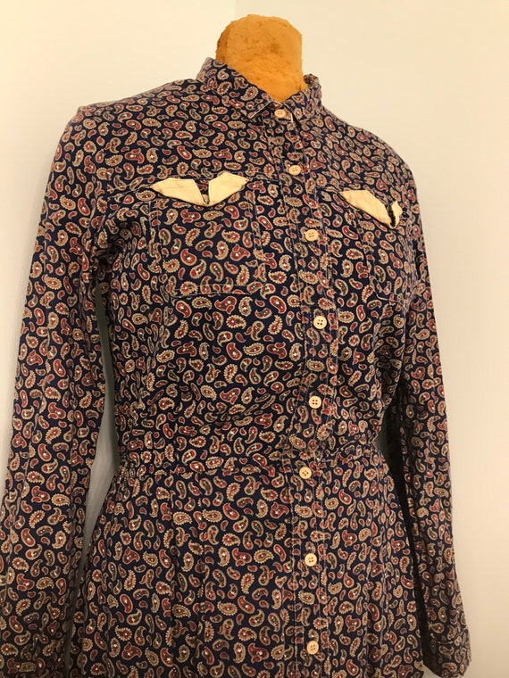 Vintage 1970 Navy Paisley Print Shirtwaist Dress~… - image 2