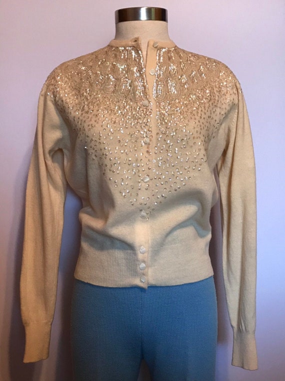 Vintage 1950 Cardigan Sweater~Sequined~100% Lambs… - image 1