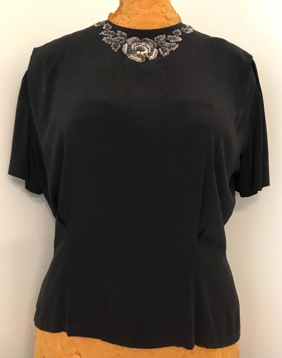Vintage 1940 Rare Black Rayon Blouse with Heavy Be