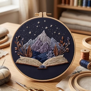 Mountain Book Embroidery Kit, Open Book Landscape Needlework, DIY Hand Embroidery, 20cm Hoop, Mountain Art, Beginner Craft, Reader Gift Deco