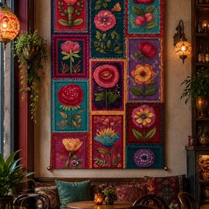 Op de afbeelding: Een rechthoekige wandhanger met een raster van tien afzonderlijke panelen, elk met een unieke bloemenillustratie in levendige tinten rood, blauwgroen, paars en goud. De textielkunst is aan een roede bevestigd en toont gedetailleerde botanische motieven.