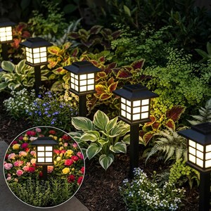 May include: Multiple black solar-powered garden path lights with square, grid-patterned lanterns emitting a warm white glow. Each light is mounted on a stake, positioned among various green foliage, ferns, and colorful flowers in a garden.